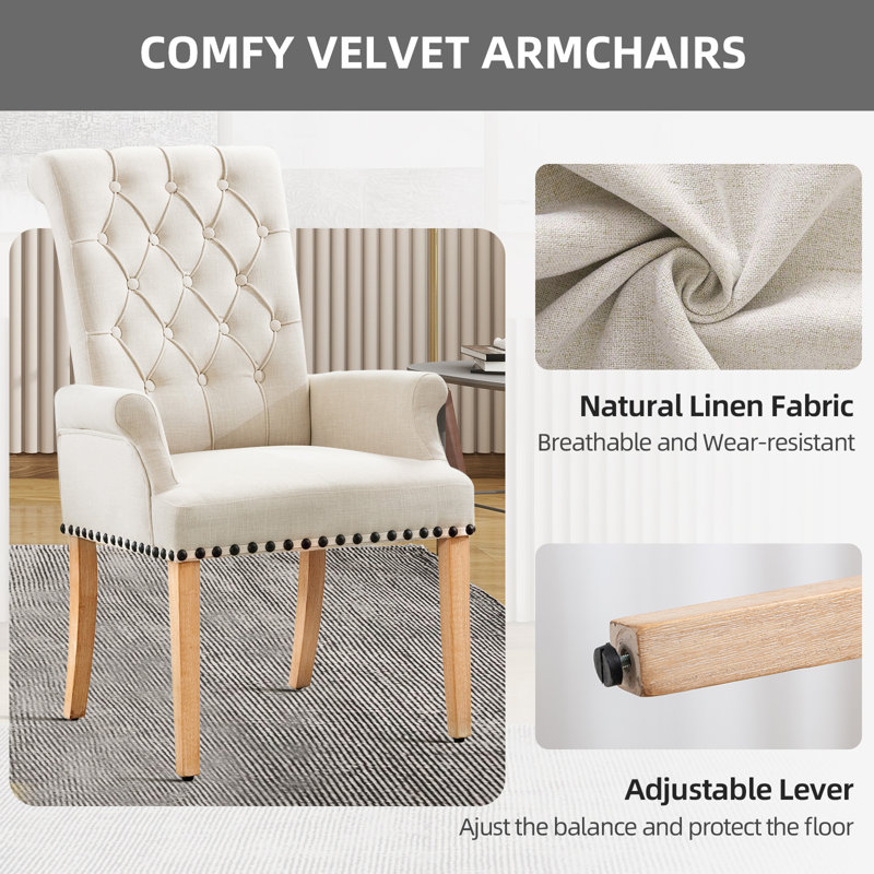 Chaise de salle à manger à haut dossier classique avec revêtement capitonné et garnitures cloutées, Lin beige