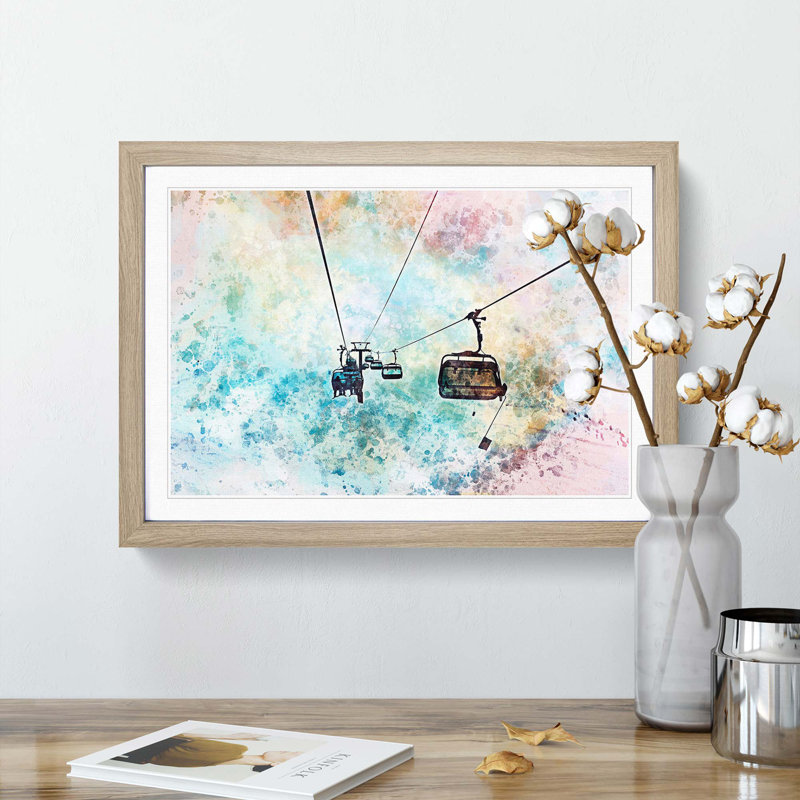 Riding the Ski Lift in Abstract - Picture Frame Painting Print, 60cm H x 91cm W x 2cm D, Oak