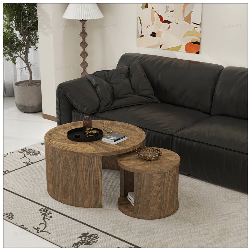 Ensemble de 2 tables basses rondes gigognes, tables basses modernes avec plateau en bois, peu encombrantes et polyvalentes