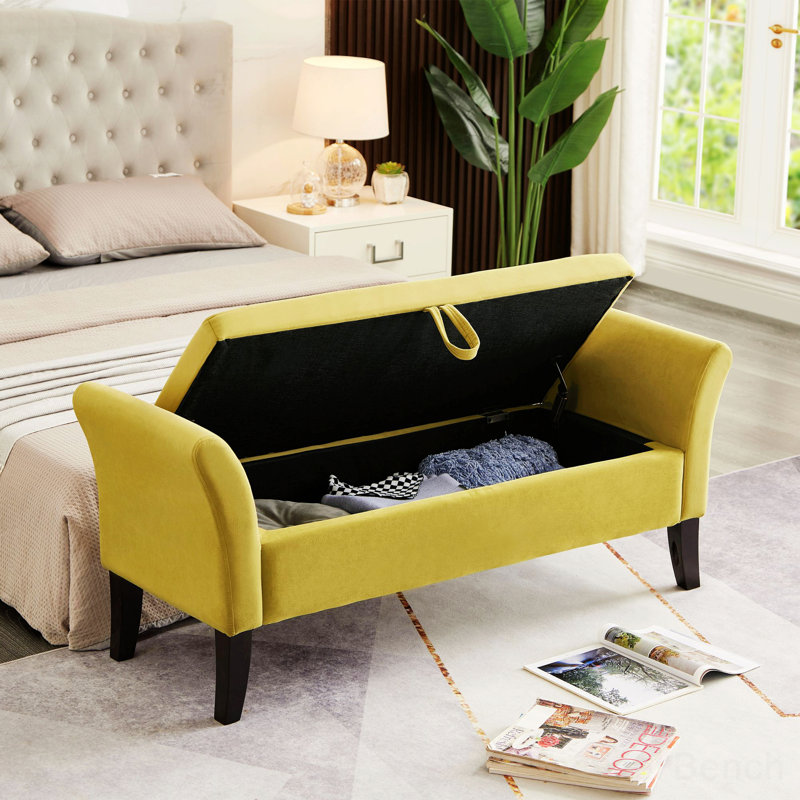 Velvet Upholstered Storage Bench, Olive Green
