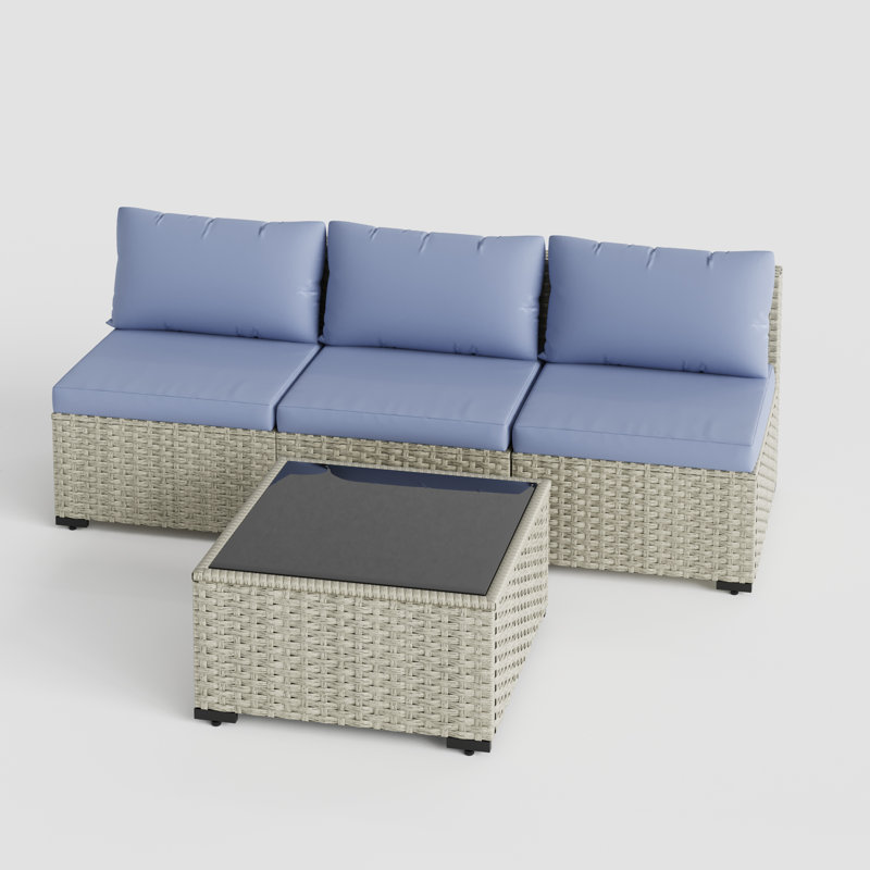 Canapé de patio en rotin avec coussins 3 pièces, Bleu brume