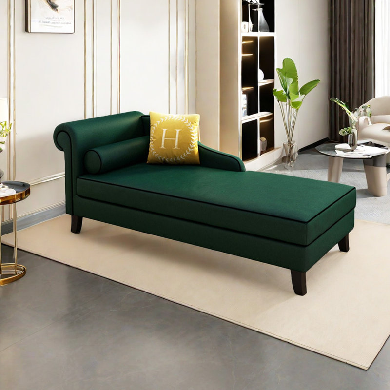Chaise longue rembourrée Gibeon, Accoudoir à gauche (vu de face), Mélange de lin vert foncé