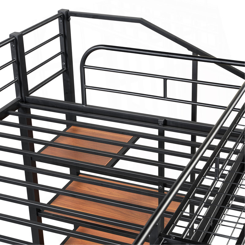 Lit mezzanine simple en métal avec tablette supérieure et échelle de rangement latérale, Noir