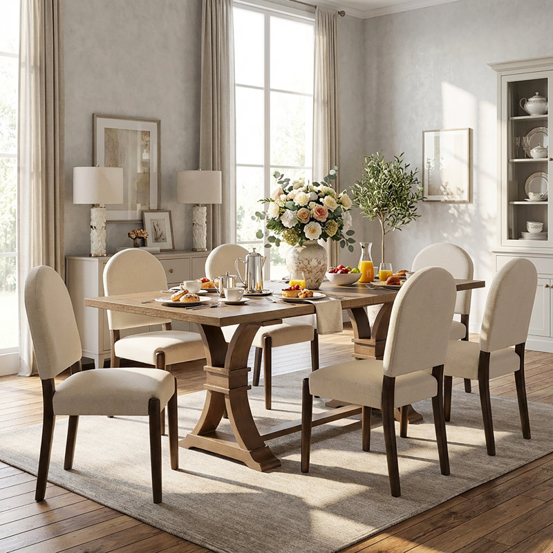 Levi 7-Piece Extendable Pedestal Rubberwood Dining Table Set With Upholstered Chairs, Walnut