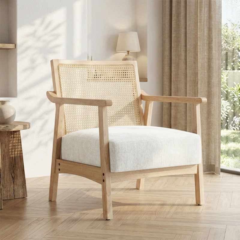 Ebern Designs 28" Rattan Accent Chairs, Mid Century Solid Wood Armchair ...