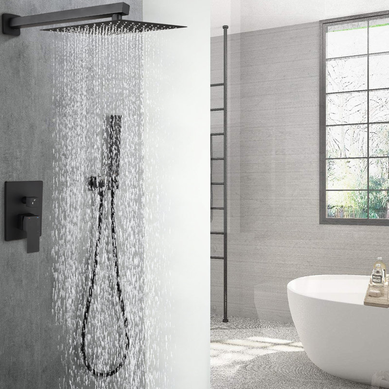 Matte Black Brass Rain Shower Combination With Built - In Hot And Cold Adjustment, Easy Clean Head, Relaxing Ambiance System Function, Flow Extended Use
