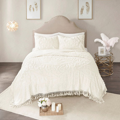 Chic Cotton Chenille Medallion Fringe Coverlet For King/ King Bed 100% Coverlet, , And