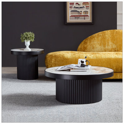 Ensemble de 2 tables basses rondes en MDF avec plateau en pierre frittée, élégantes et durables pour les salons et les appartements