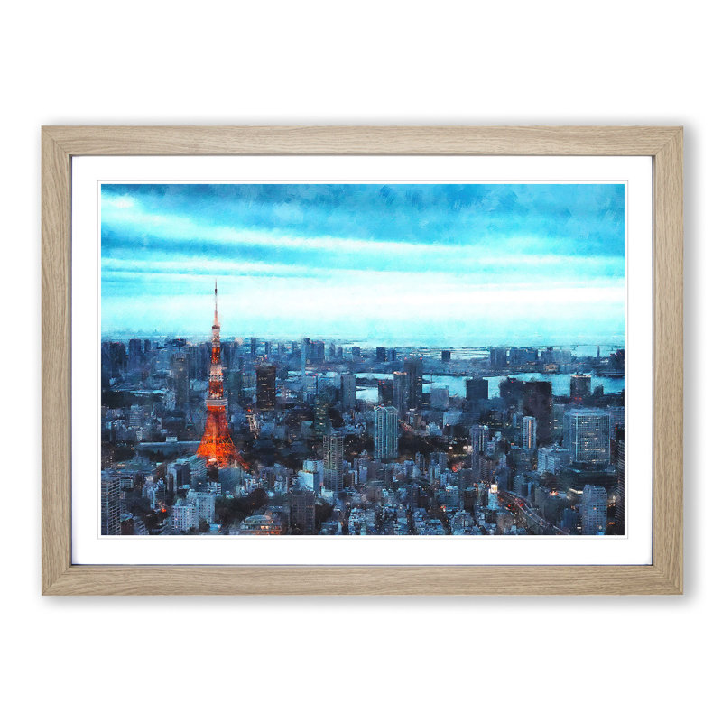 Tokyo Tower & Japan Skyline - Picture Frame Painting Print on MDF, Oak Framed, 45cm H x 63cm W x 2cm D