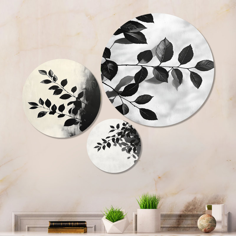 «Black Leaves Shadow Silhouette I - Leaves», art mural en métal 3 pièces