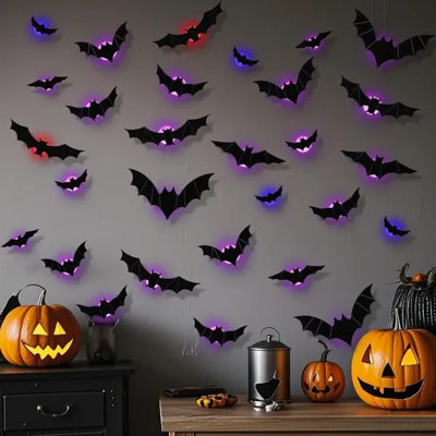36 Pack Halloween Bats Wall Decor – Lighted 3D Bat Stickers Assorted Size for Halloween Party, Bedroom Window Decorations, Indoor and Outdoor Home Decals
