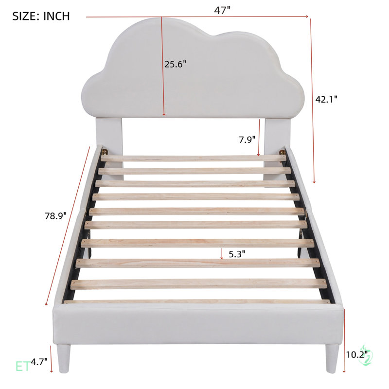 Twin Size Upholstered Cloud-Shape Bed ,Velvet Platform Bed With Headboard,No Box-Spring Needed
