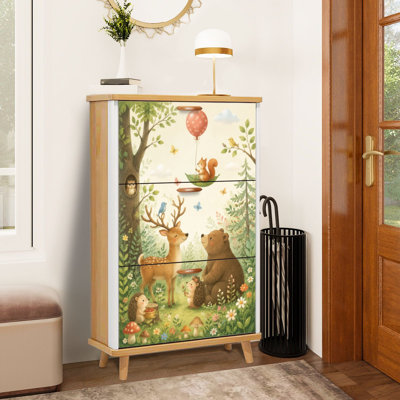 Shoe Storage Cabinet with 3 Flip Drawers for Woodland Animals Deer Bear Butterflies Forest Shoe Rack Storage Organizer