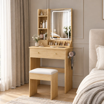 Makeup Vanity with LED Mirror Power Outlet Stool and Hair Dryer Holder