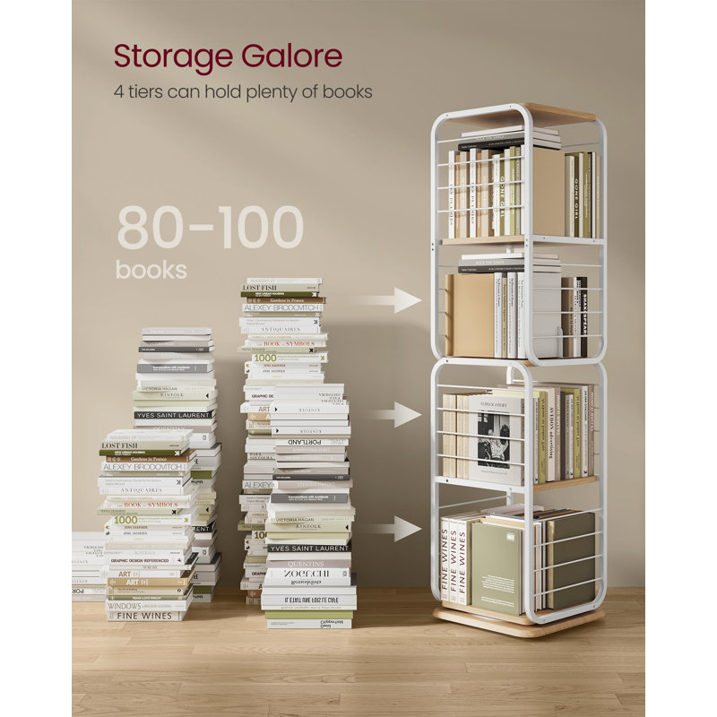 4-Tier Rotating Bookshelf, Bookcase With Bookends For Small Spaces, Corner Shelf, Steel Frame, White
