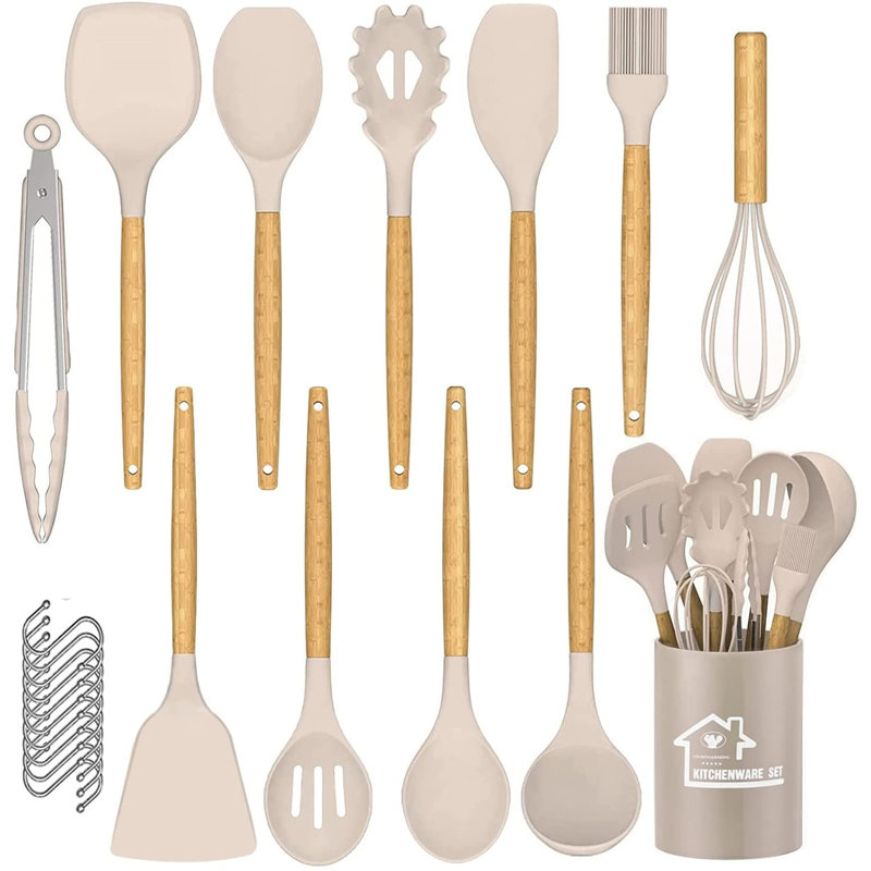 Kitchen Utensil Set Silicone Cooking Utensils Heat Resistant Nonstick Kitchen Tools With Hooks, Silicone Kitchen Gadgets With Wooden Handle, Turner Tongs Spatula Spoon Cooking Tools
