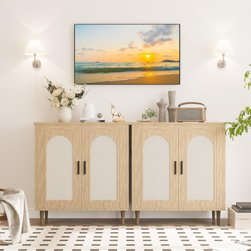 Buffet en rotin avec 2 portes, tablettes réglables et base en bois, Brun