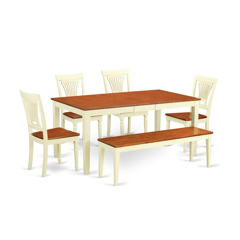 L'ensemble 6 pièces de table et chaises de cuisine comprend une table de salle à manger rectangulaire avec rallonge papillon et 4 chaises de salle à manger avec banc, babeurre et cerise