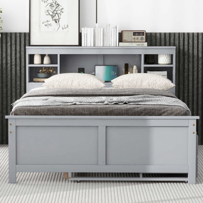 Lit plateforme gris double avec rangement dans la tête de lit, 3 tiroirs, lit gigogne simple et - Durable avec tête de lit de rangement, tiroirs modernes et