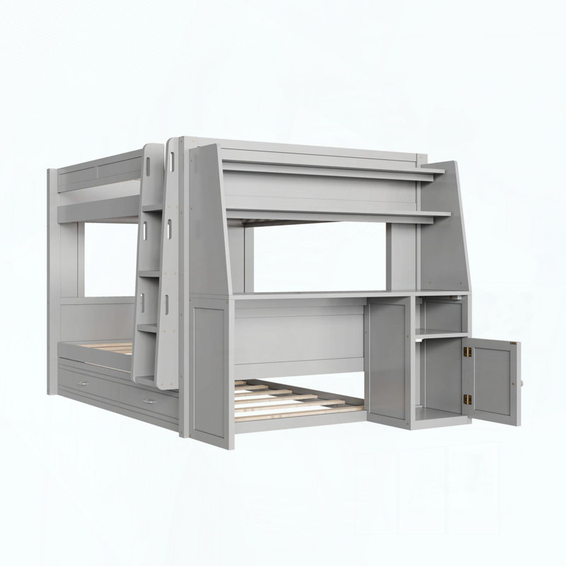 Lit superposé double pleine grandeur avec bureau, étagères et lit gigogne, Grey, Trundle bed