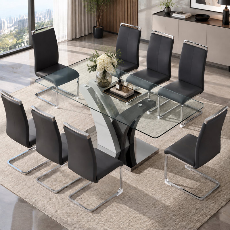 Ensemble de salle à manger 9 pièces rectangulaire moderne en verre trempé 71 po avec chaises en porte-à-faux en similicuir 9 pièces