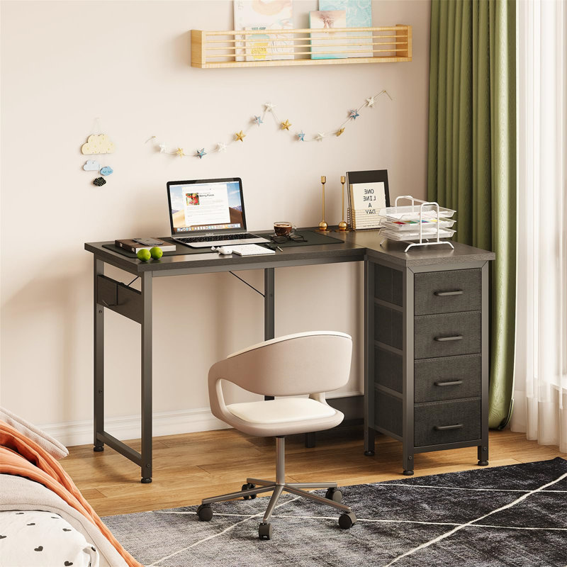 L-Shaped Metal Base Computer Desk, Black