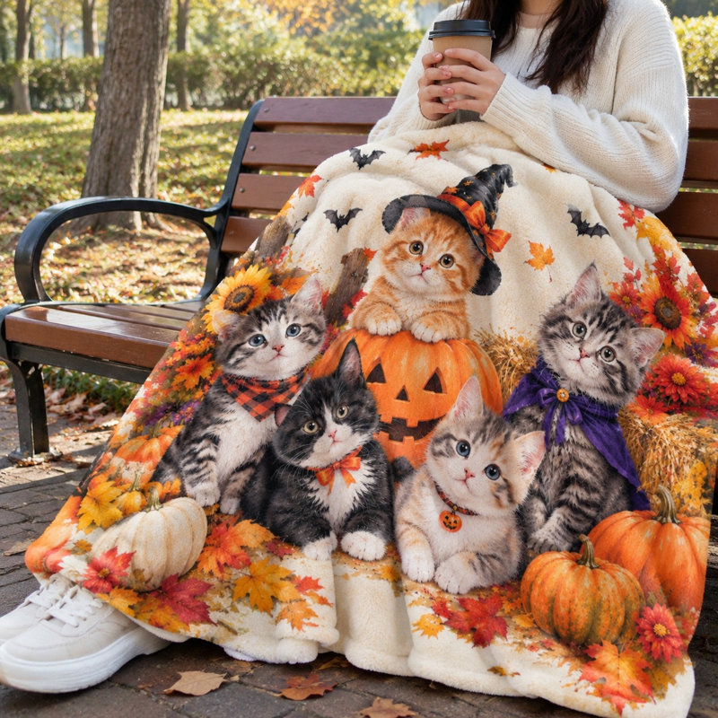 Adorable couverture en molleton à motif de chat d'Halloween, adorable chaton en peluche douillette pour canapé-lit, salon, décoration intérieure parfaite