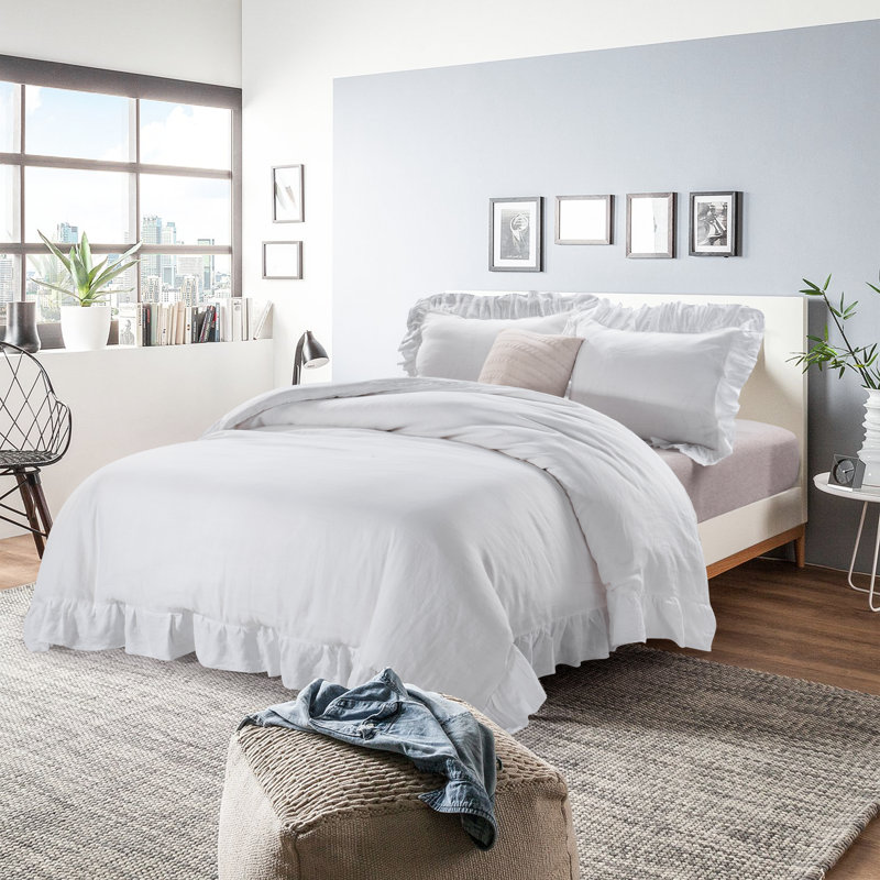  Stone Washed Pure Linen Duvet Cover Set, Queen Duvet Cover + 2 Shams, White