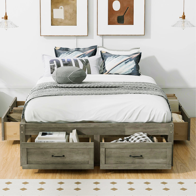 Lit plateforme avec 6 tiroirs de rangement, Gris antique, Lit double