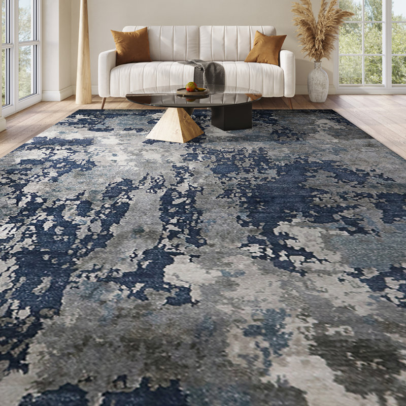 Abstract Area Rug in Dark Blue/Gray, Rectangle 5' x 7'