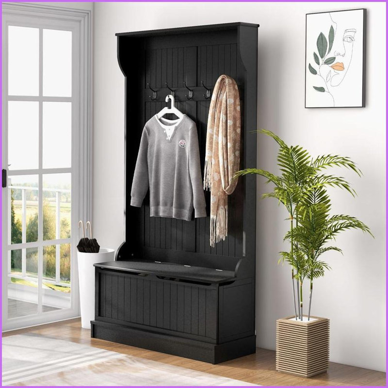Hall Tree with Storage Bench, 3-in-1 Entryway Coat Rack with 4 Hooks &amp; Shoe Storage | Black | MDF, Black
