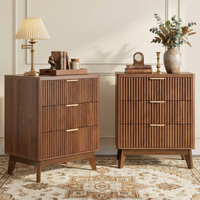Rhythm Walnut Night Stand Set of 2 with 3 Drawers, Fluted Bedside Table Set of 2, Wood Bedroom Nightstand, 23.6"W x 15.8"D x 28.3"H