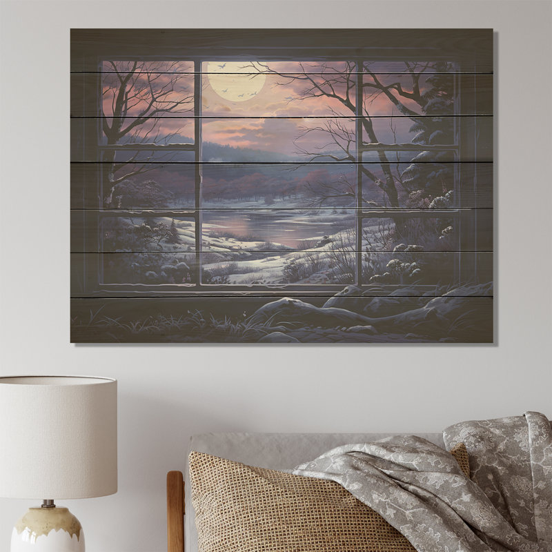 «Purple River Winter Windows III» - Paysage d'hiver sur bois, H 24 po x l 32 po