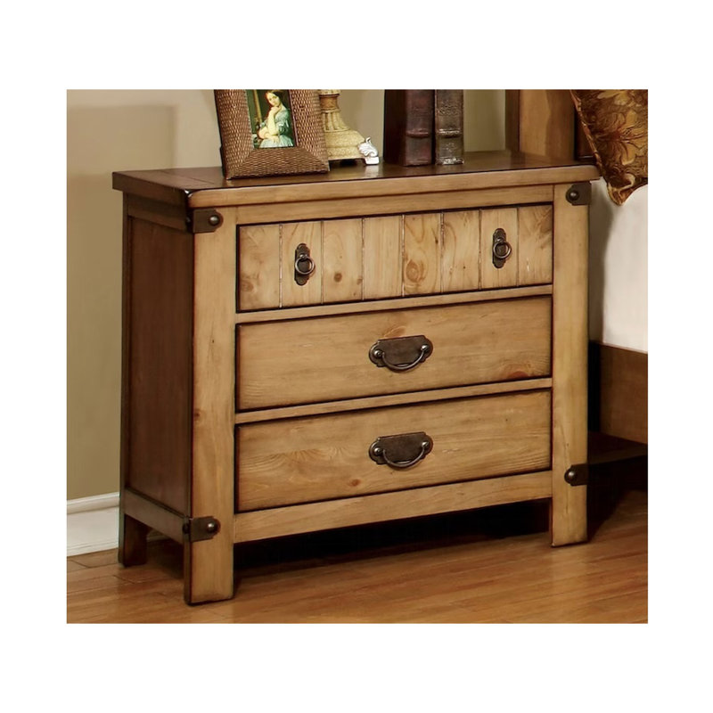 Transitional Bedside Cabinet With Weathered Texture And Charging Contemporary Table Metal Glide Plug