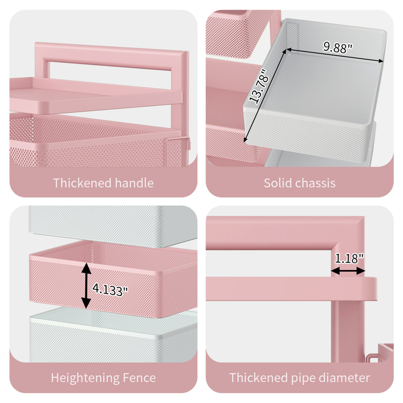 Pink and White 5-Tier Rotating Metal Utility Cart with Wheels