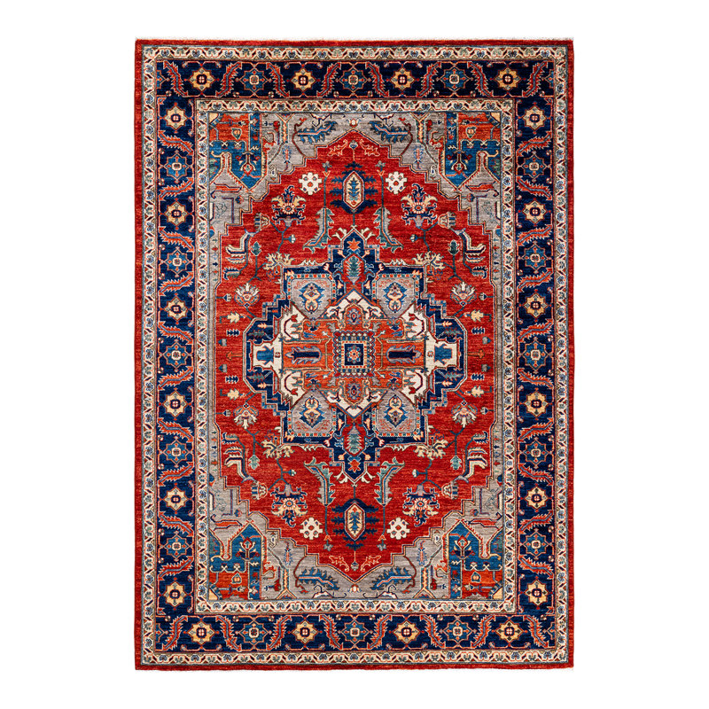 Tapis unique en laine noué à la main 6 pi x 8 pi 7 po nouvel âge Jarnail - rouge / brun / bleu marine