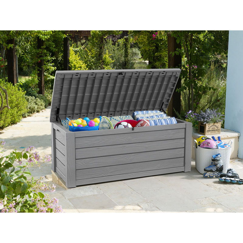 Keter Westwood 150 Gallon Durable Resin Outdoor Storage and Organization Deck Box Ideal For Garden Patio Furniture and Supplies, Light Grey