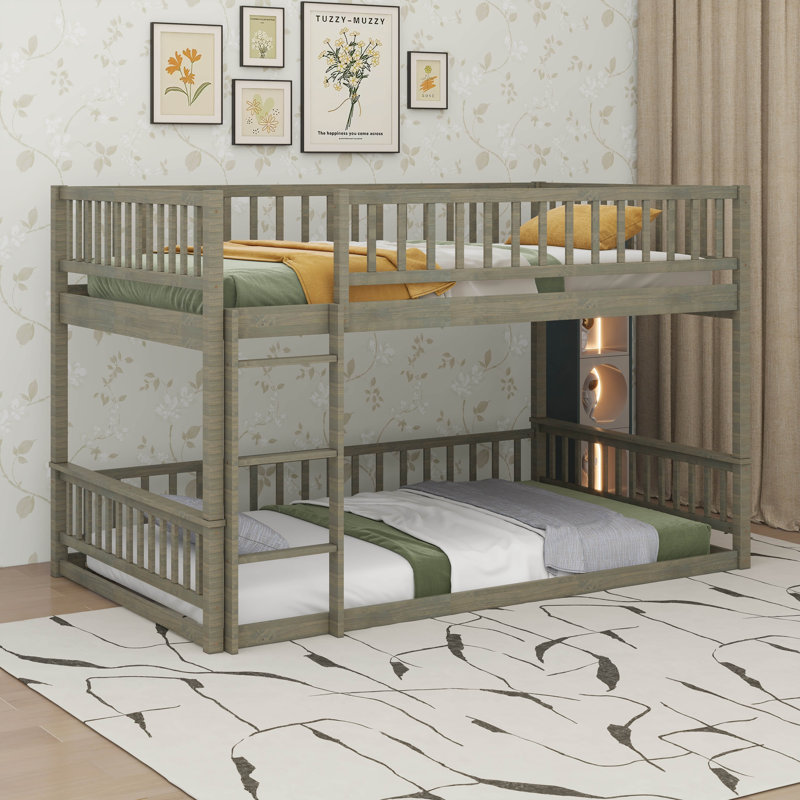 Space-Saving Queen Over Queen Bunk Bed With Ladder & Guardrails, Gray