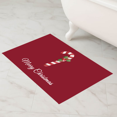 Merry Christmas Candy Cane Bath Mat with Non-Skid Backing