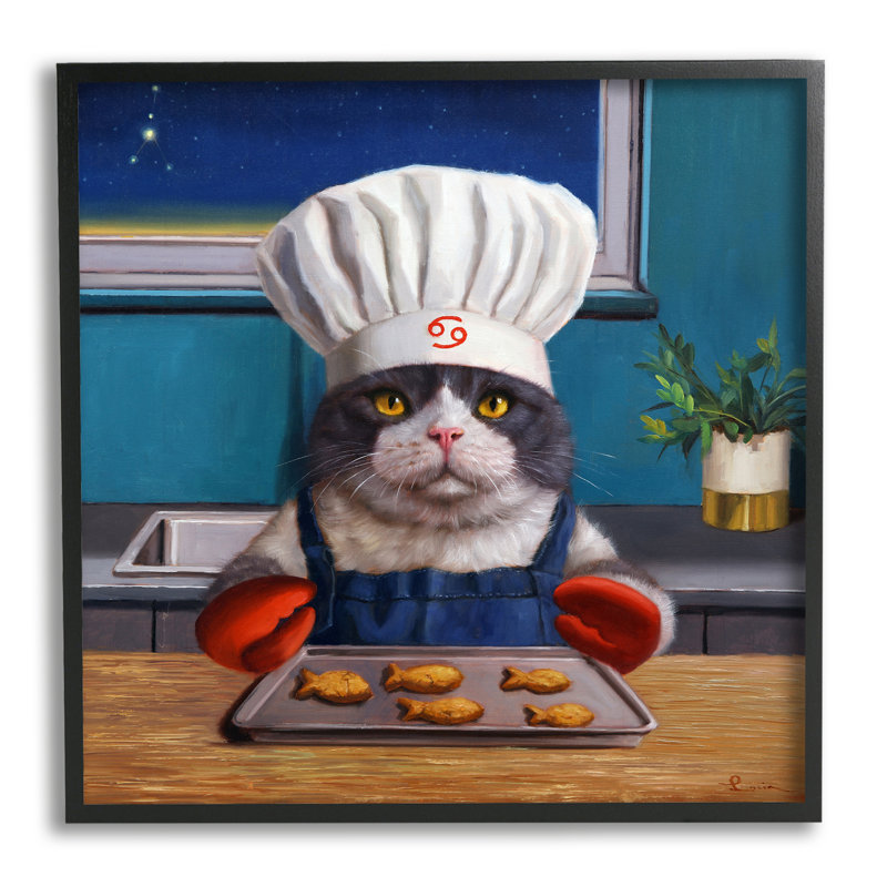 «Fresh Baked Fish Cookies Cat Chef» par Lucia Heffernan - peinture sur toile flottante, H 12 po x l 12 po x P 1,5 po
