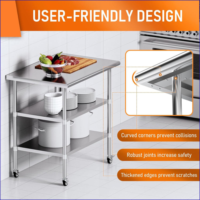 Table basse en acier inoxydable durable 24 x 36 pouces avec tablettes réglables Roulettes faciles à déplacer