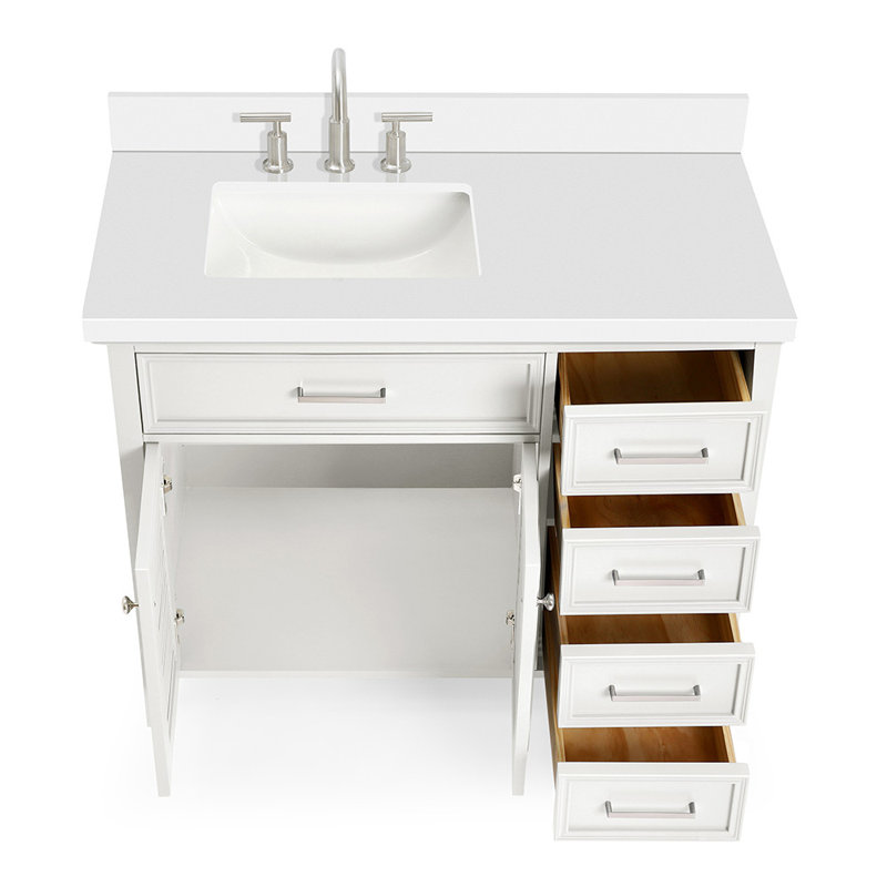 Ariel Kensington Left Offset Rectangle Single Sink Vanity, White, 36.25", Carrara White Quartz