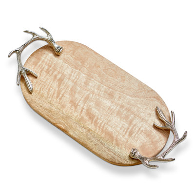 Christmas Antler Serveware Board Natural Mango Wood Aluminum 16x7x2.5 in