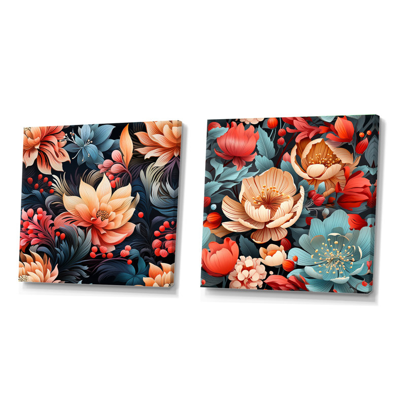 Janda - Ensemble de 2 collages floraux carrés, H 16 po x l 33 po, Toile tendue