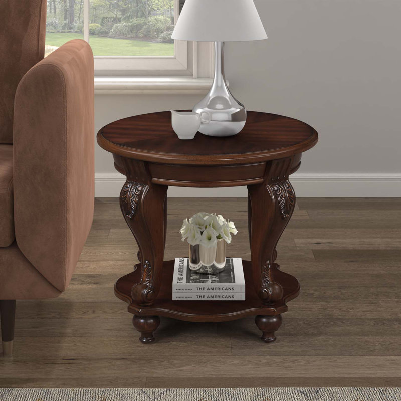 Table de bout ronde en bois massif avec tablette, Cerisier