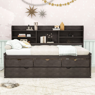 Deveral Twin Size Daybed with Shelves,Three Drawers and Twin Trundle