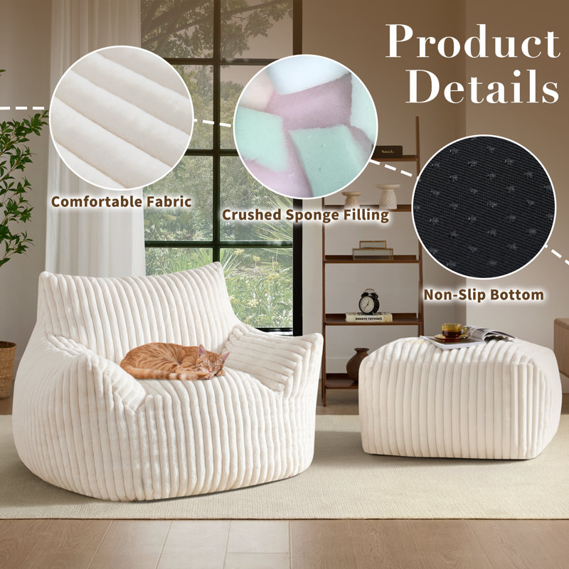 Bean Bag Chair with Ottoman , Comfy Memory Foam Large Lazy Sofa, Beige Corduroy
