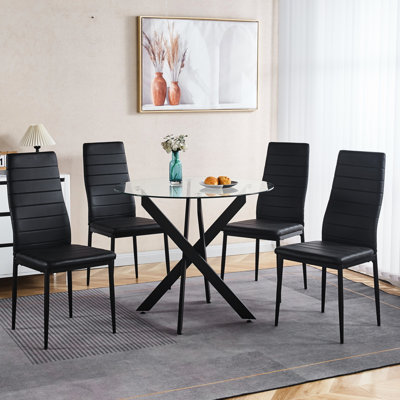 Table moderne noire avec pieds croisés en métal et surface en verre, conception peu encombrante, largeur de 36,44 po, assemblage rapide, verre trempé de salle à manger nécessitant peu d'entretien, hauteur 28,88 po, style stable