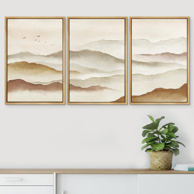 «Abstract Landscape Watercolor Brown Pastel Misty Mountain Range», reproduction de tableau encadrée sur toile 3 pièces