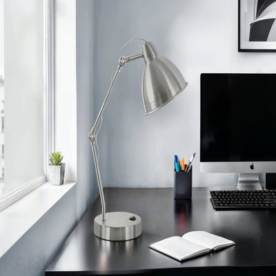Éclairage, H 17 po, lampe de table, port USB inclus, nickel métallique, abat-jour nickel, moderne